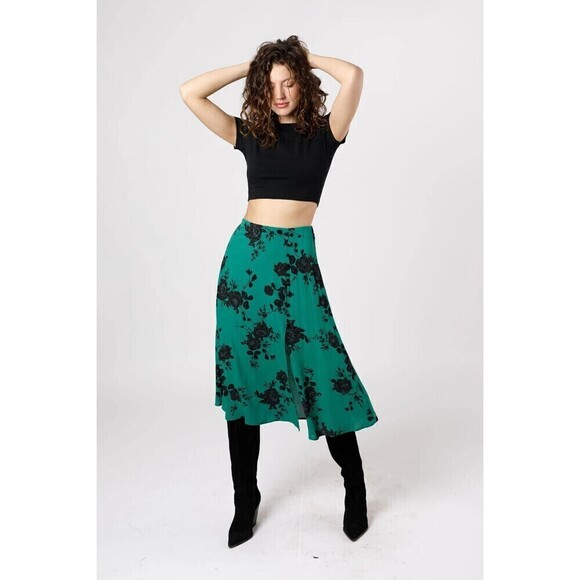 Band of the Free BOG Skirt Small Etta Emerald Green Floral Midi Front Slit NWT - Picture 3 of 11